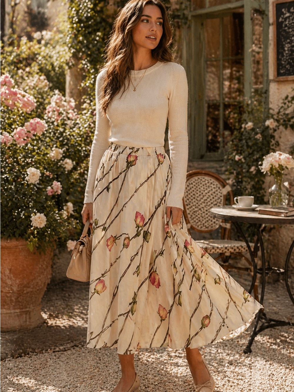 100% Silk Cream Floral Skirt Rose Print Midi Length Romantic Cottagecore
